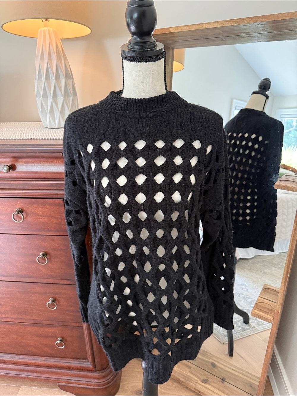 Oscar de la Renta Black Open-Weave Crewneck Sweater